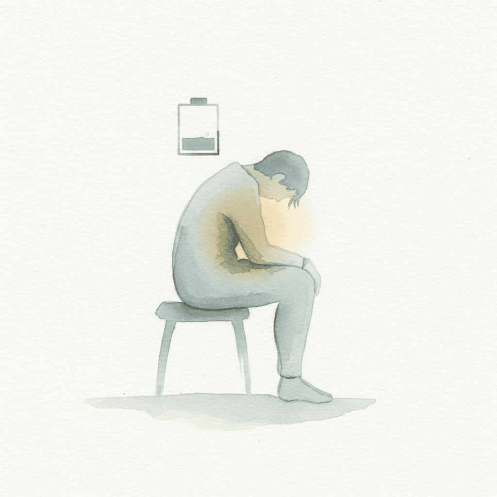 Abstract watercolor of a tired person with a faint drained battery symbol nearby, soft muted blues and greys conveying exhaustion and quiet hope.