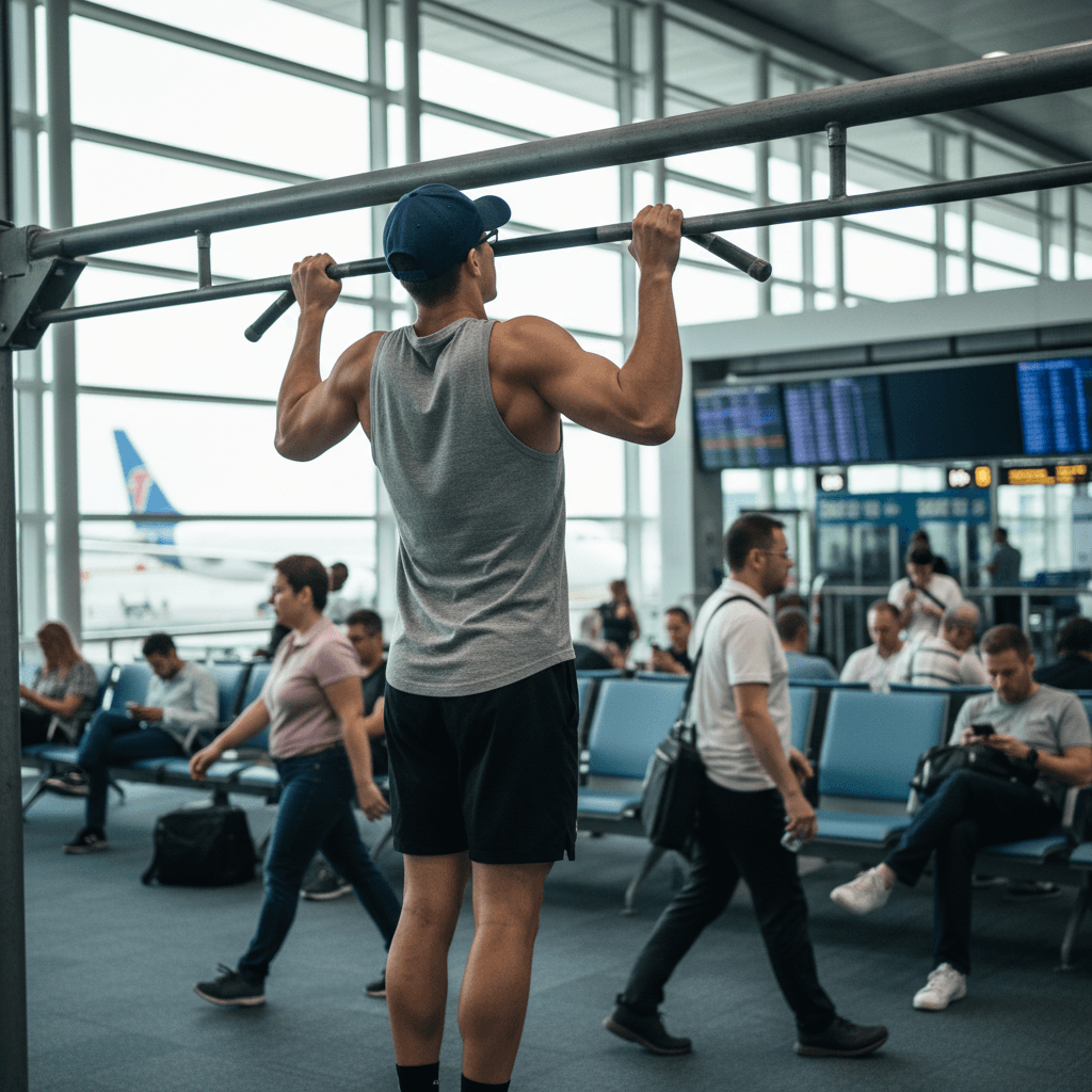 A fit person doing pullups in an airport terminal