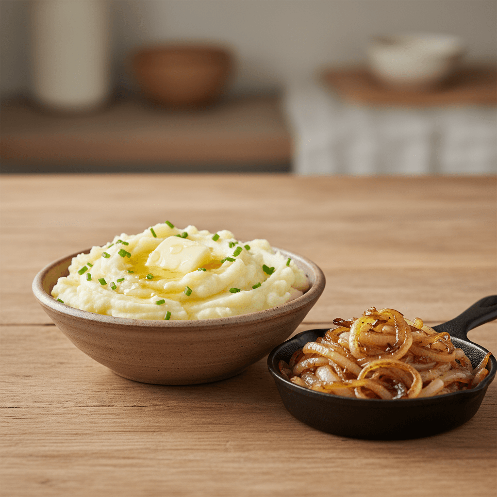 Caramelized onions and mashed potatoes
