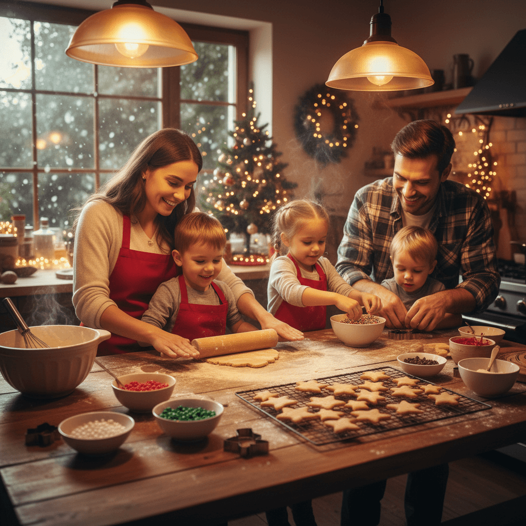 A warm kitchen scene of family baking Christmas cookies together. Two adults and two children roll dough, use cookie cutters shaped like stars and trees, and decorate with colorful sprinkles. Soft golden lighting, a small lit Christmas tree, and gentle snowfall visible through the window create a cozy, festive atmosphere.
