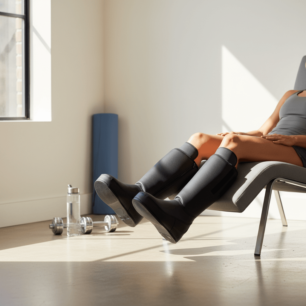 Athlete wearing modern compression boots while reclining in a home gym setting