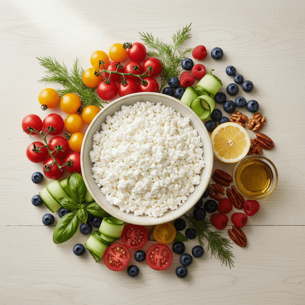 Fresh cottage cheese bowl surrounded by colorful ingredients