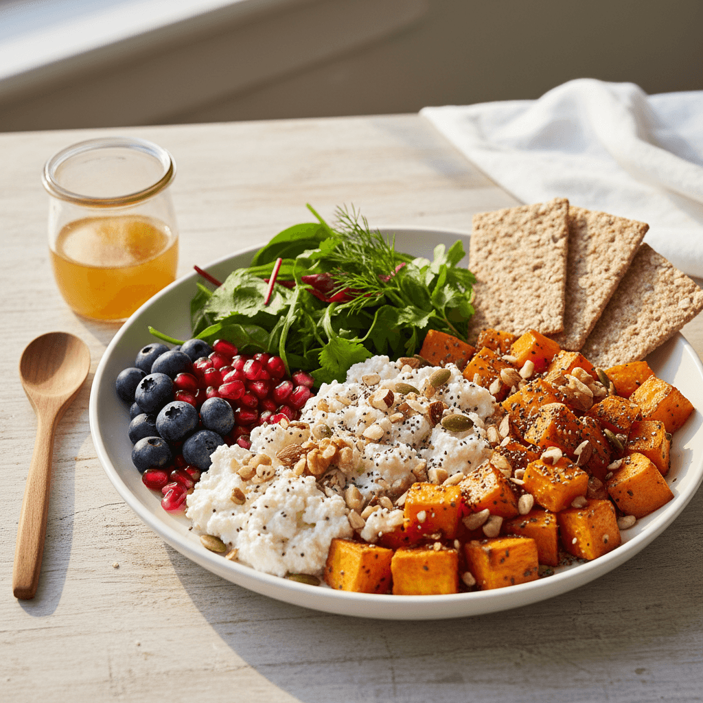 A bright plate showing a healthy Fit Foodie meal with cottage cheese, roasted sweet potato cubes, berries, mixed greens, nuts, seeds, and whole grain crackers in warm morning light.