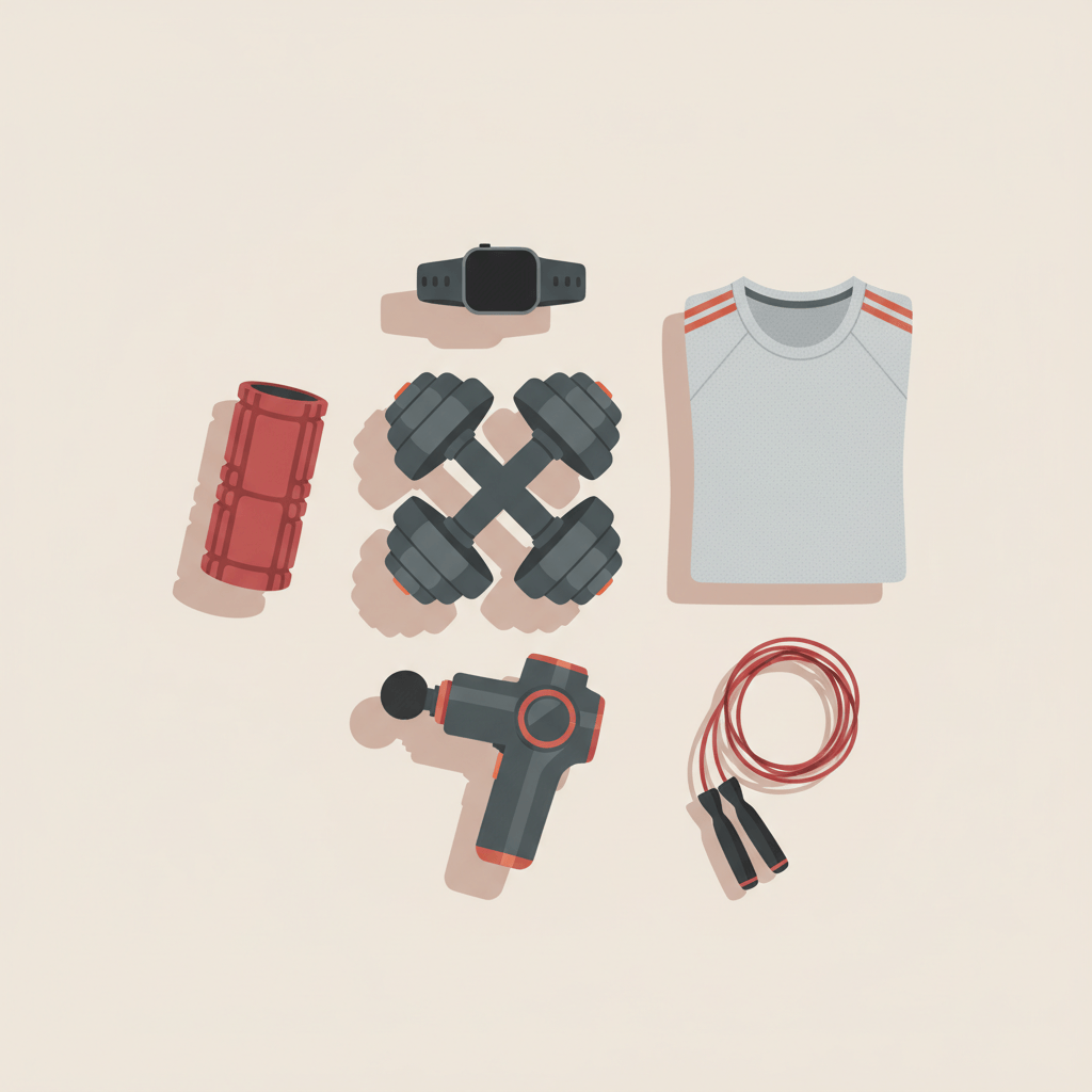 Flat-lay illustration of fitness gifts for men