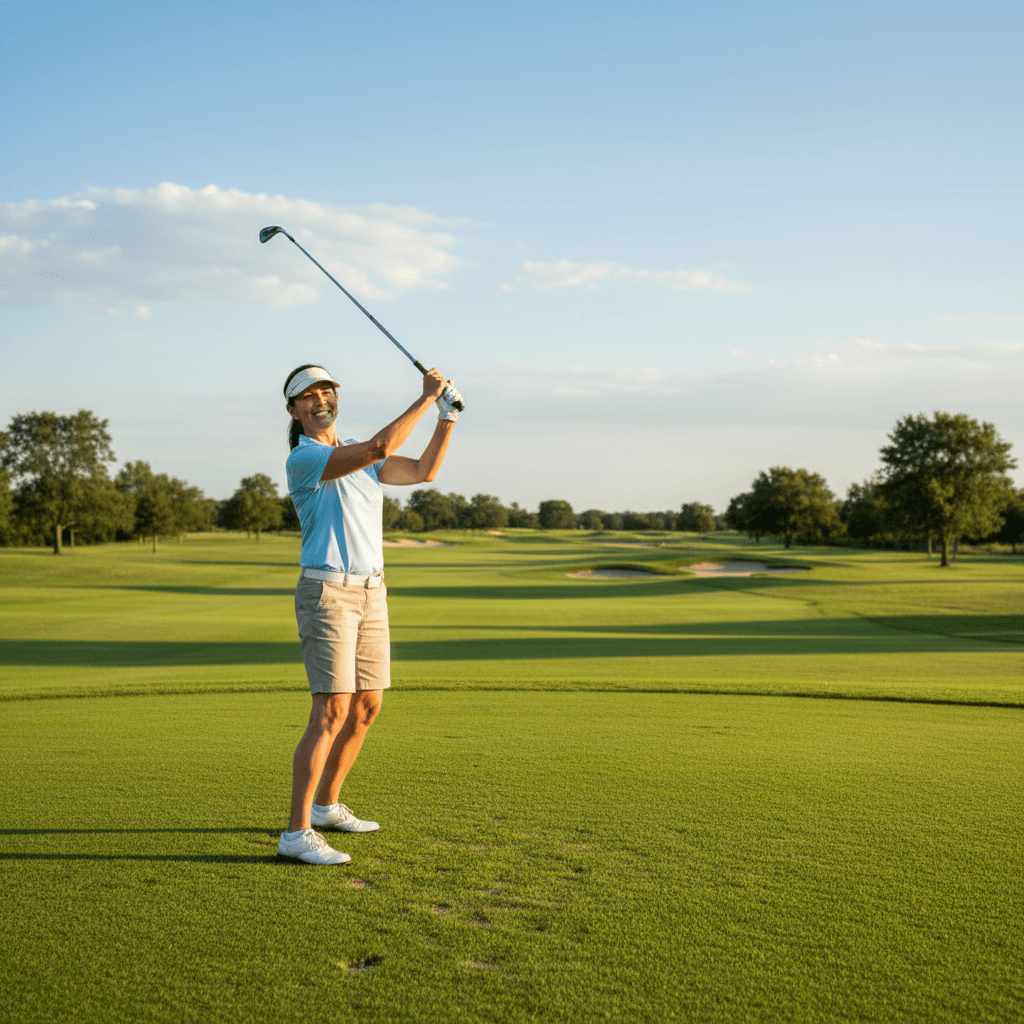 Middle-aged golfer mid-swing on a sunny green course