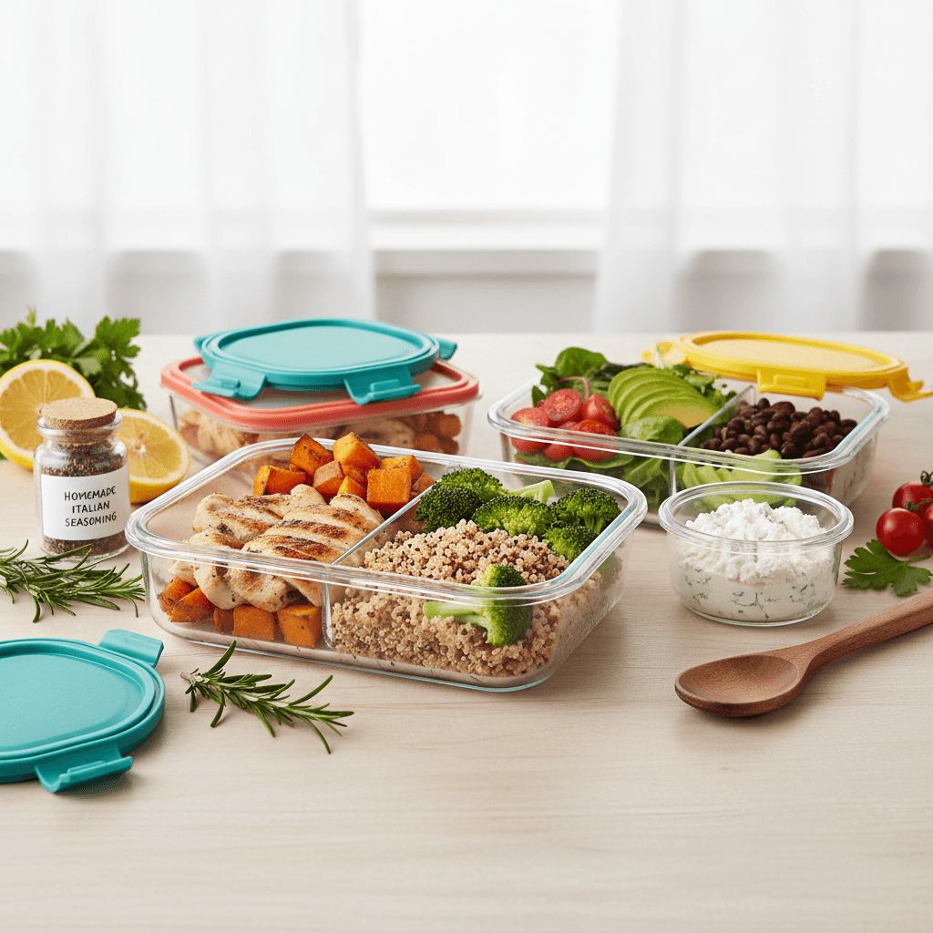 Colorful healthy meal prep containers with fresh ingredients