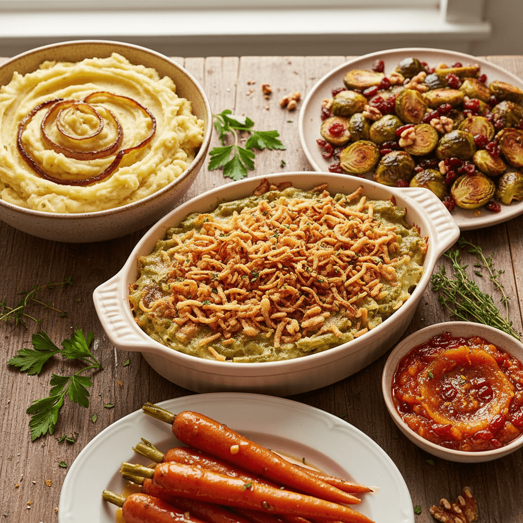 Healthy Thanksgiving side dishes on a wooden table