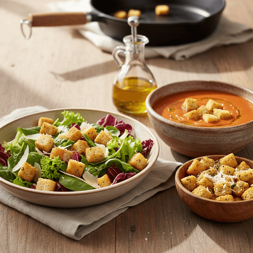 A warm, natural-light photo showing three dishes featuring homemade croutons: a mixed green salad with golden croutons and shaved Parmesan, a creamy tomato soup with croutons floating on top and a drizzle of olive oil, and a wooden bowl of seasoned crouton snacks with herbs and grated cheese. The dishes sit on a rustic wooden table with a neutral linen napkin and an olive oil cruet nearby for a cozy editorial look.