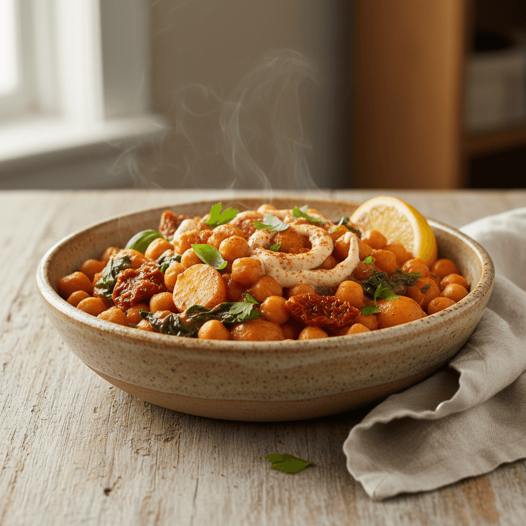 A warm rustic ceramic bowl of Marry Me Chickpeas in a rich tomato-cashew cream sauce, topped with sun-dried tomatoes, wilted spinach, torn basil and parsley, a lemon wedge on the rim and a sprinkle of smoked paprika.