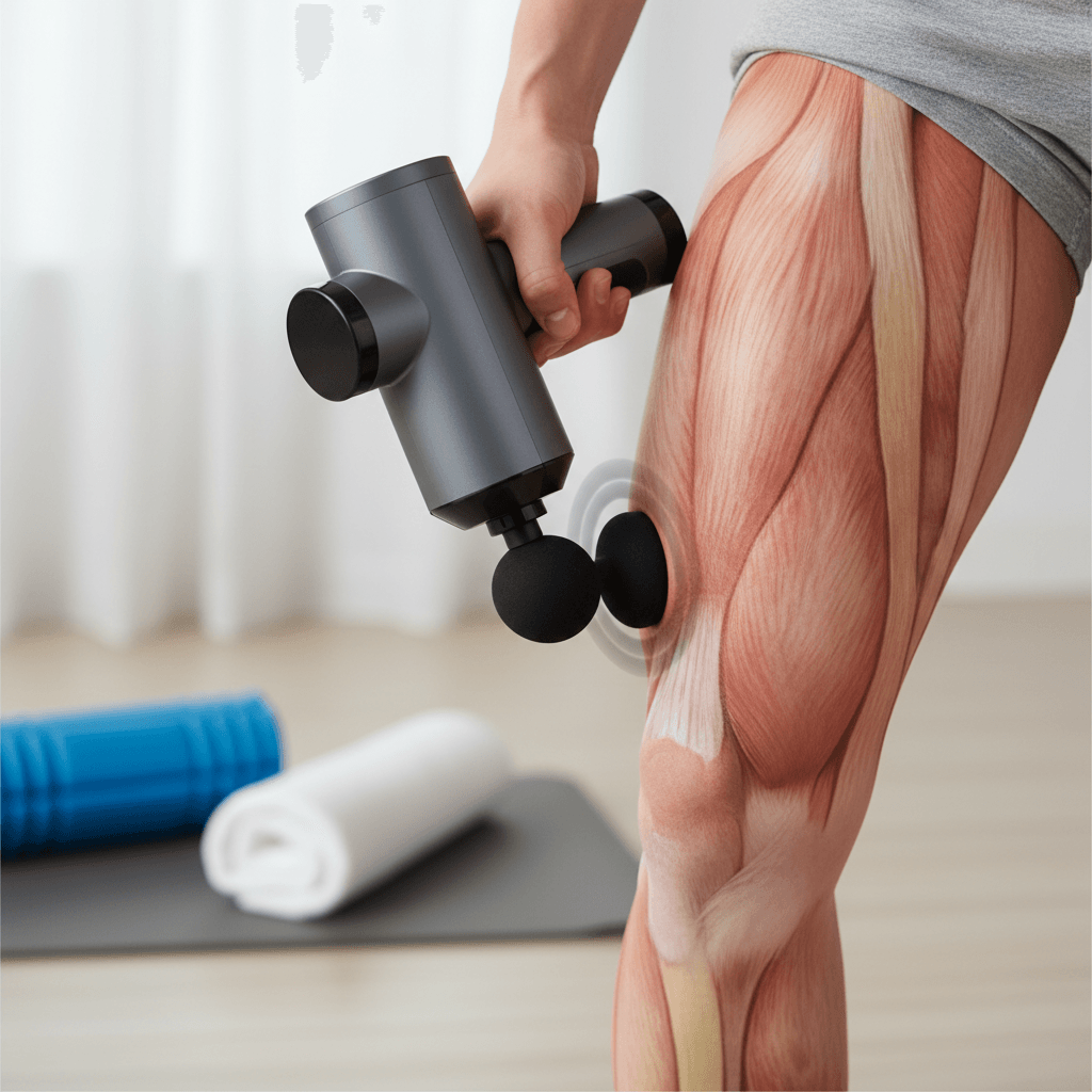 Massage gun pressing into quadriceps muscle showing slight skin indentation and motion blur to imply vibration