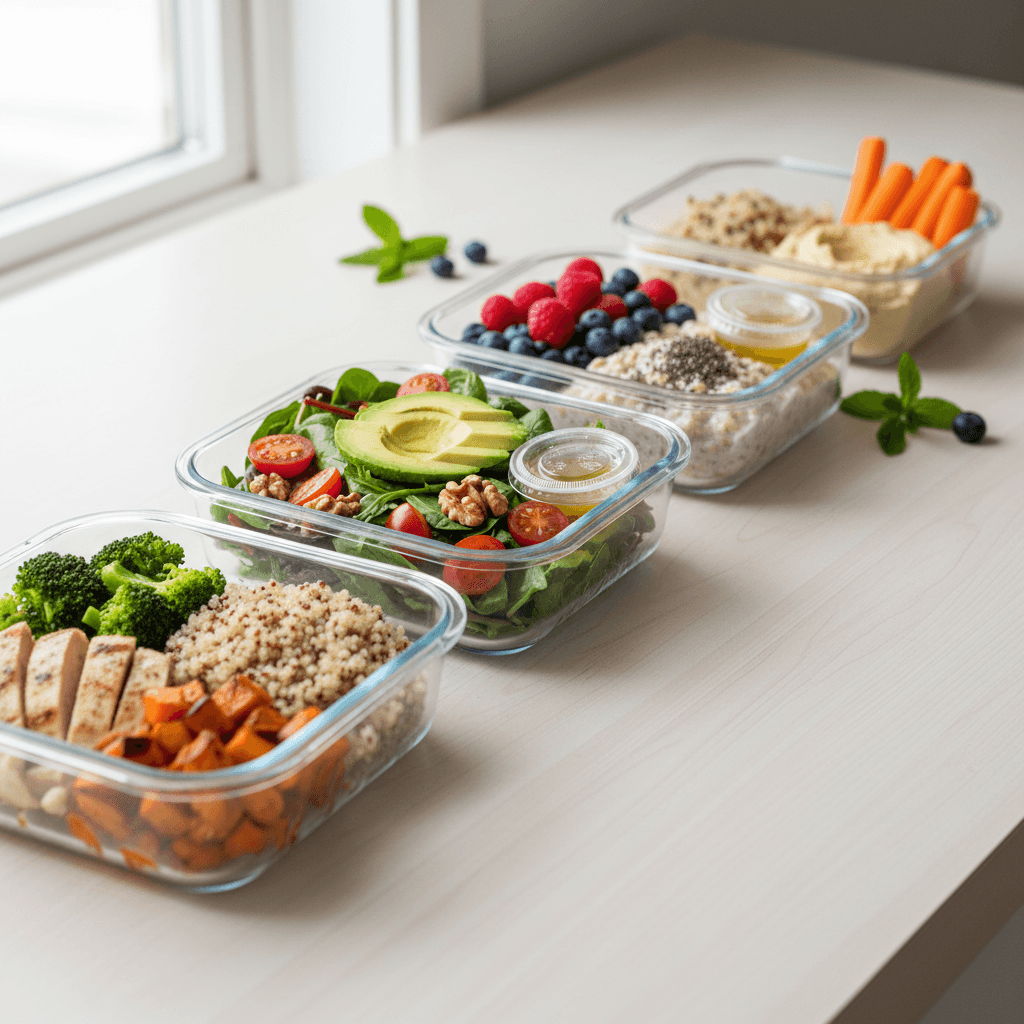 Fresh meal prep containers filled with colorful healthy ingredients