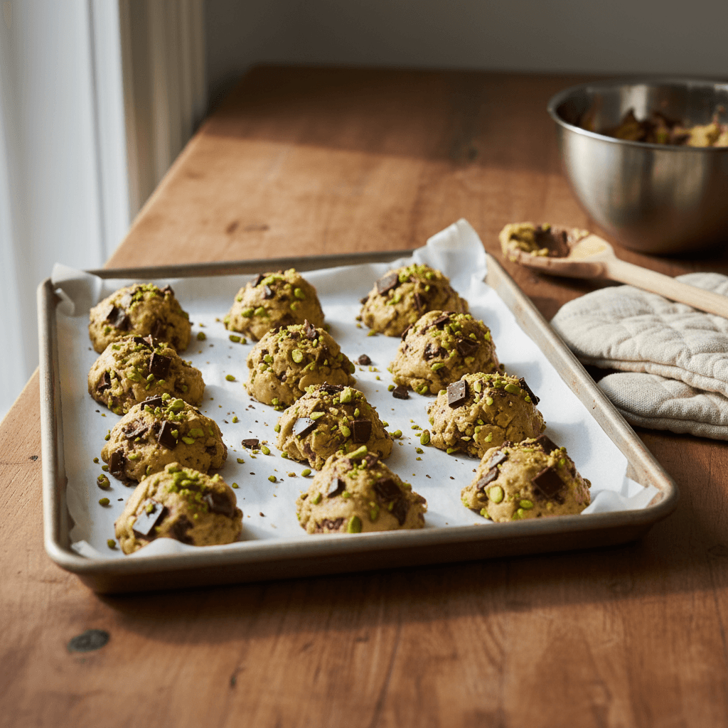 Pistachio cookie dough on a tray, chocolate chunks and pistachios visible, oven mitt to the side