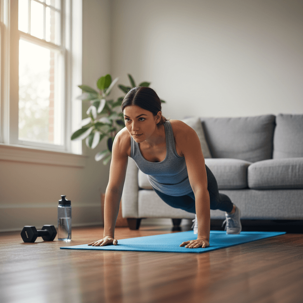 Person doing a pushup in a bright home living room