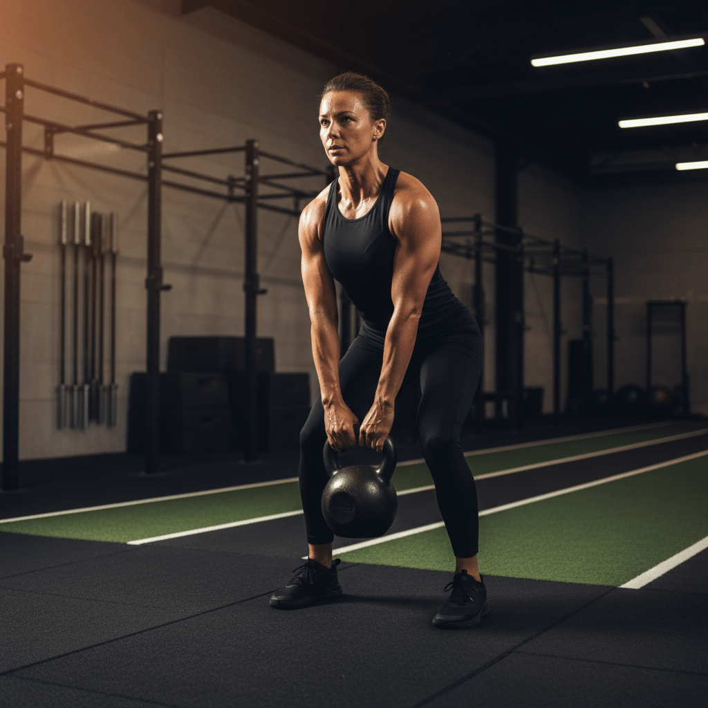 Athlete performing heavy kettlebell swing in a modern gym, showing focus, power, and motion.