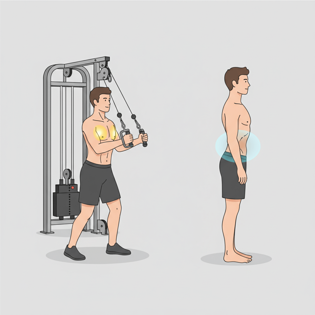 Cable fly and stomach vacuum posture illustration