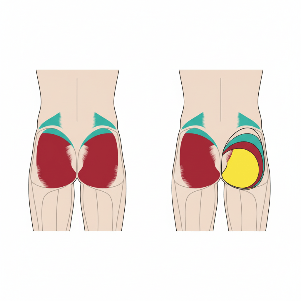 Glute anatomy illustration showing color coded gluteus maximus, medius, and minimus