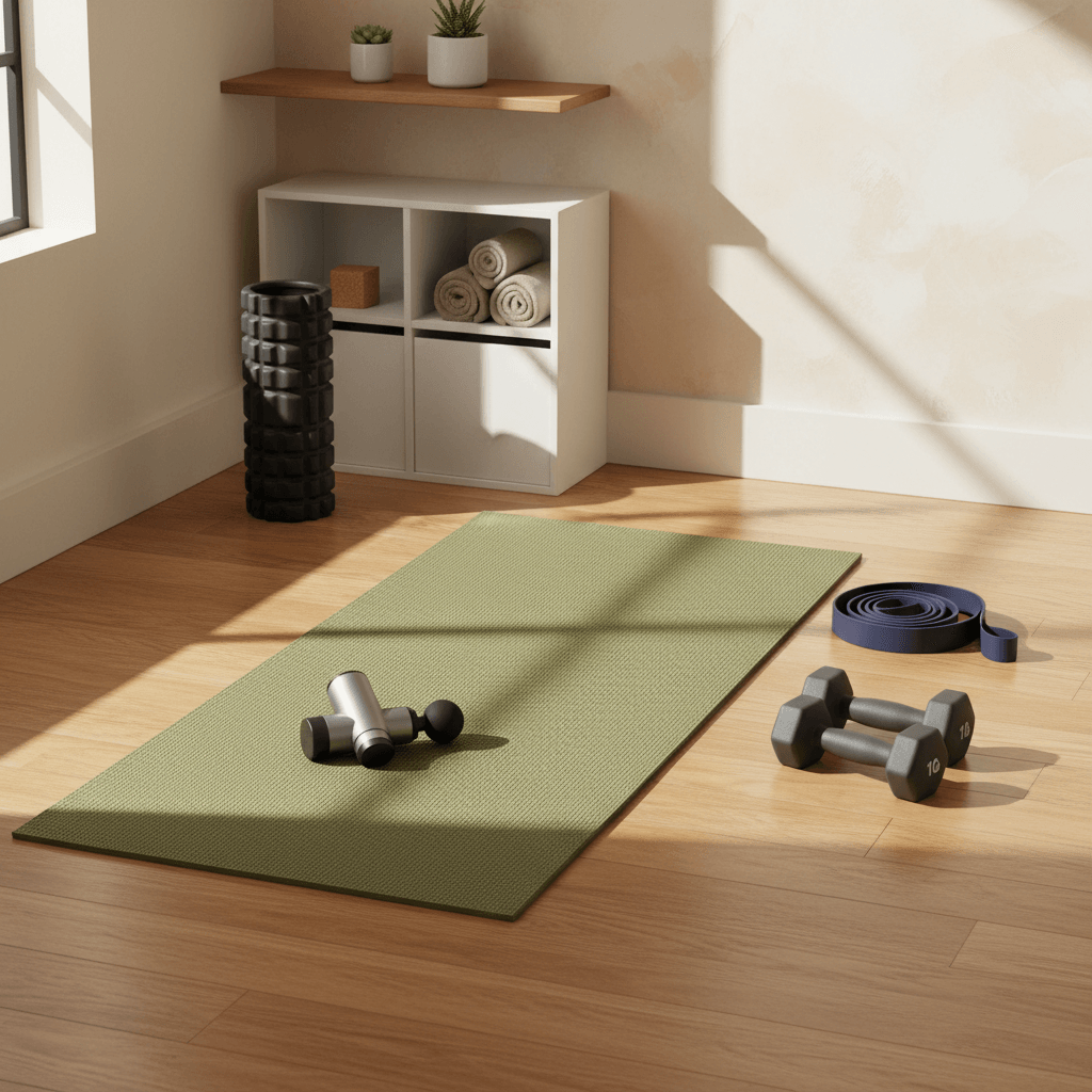 Bright home gym recovery corner with foam roller, massage gun, dumbbells, resistance band and plant