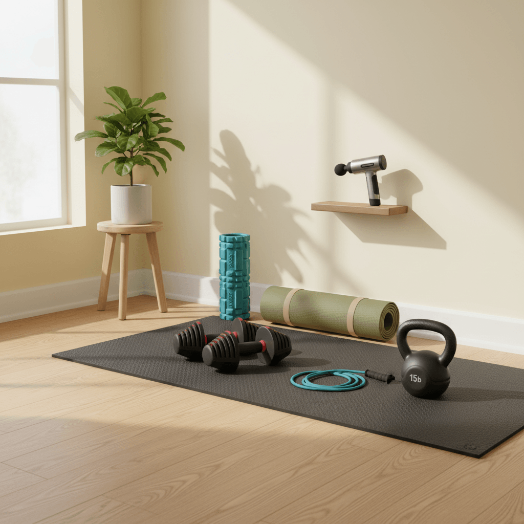Vibrant home gym setup with foam roller massage gun dumbbells resistance band and plant