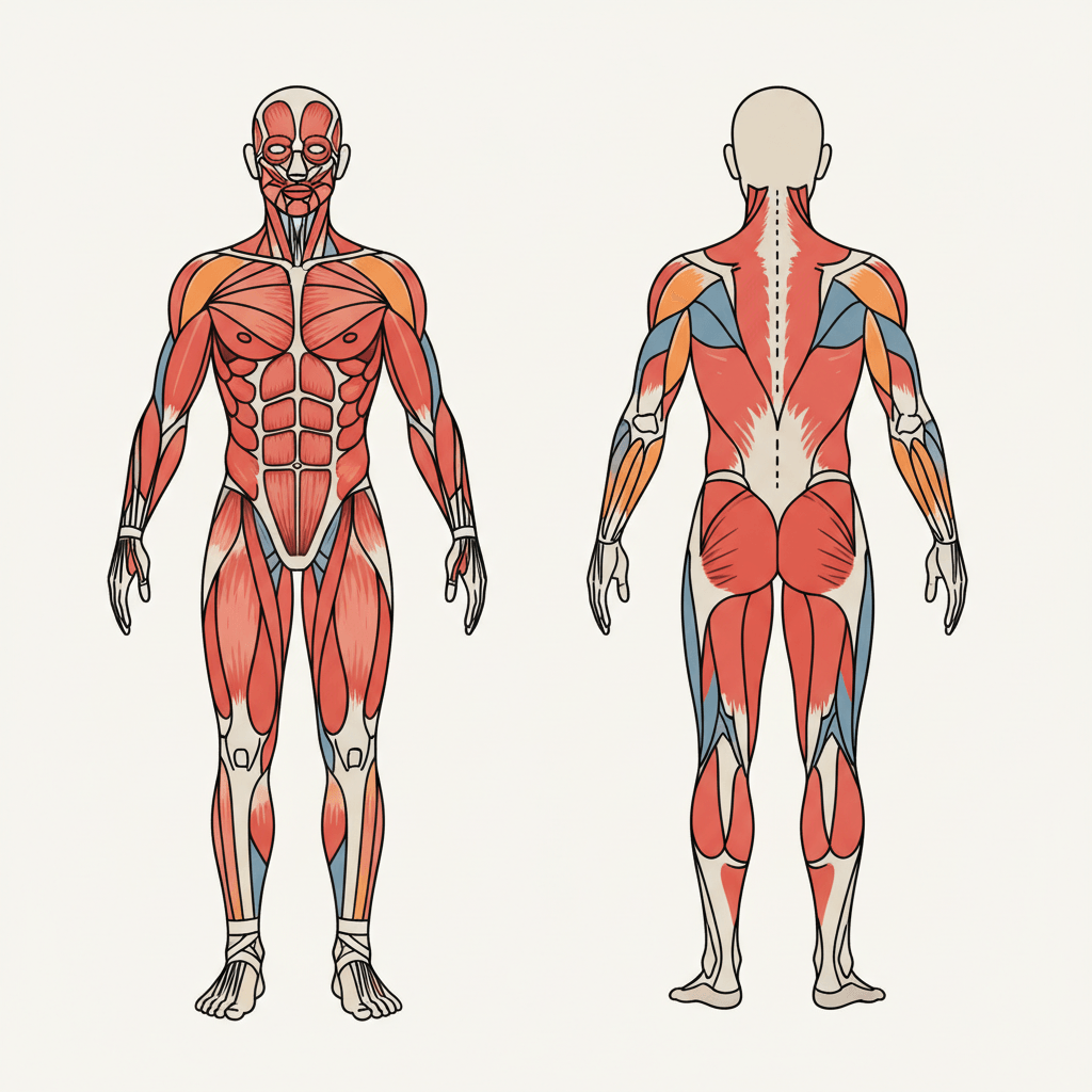 Muscular system heatmap highlighting common soreness areas