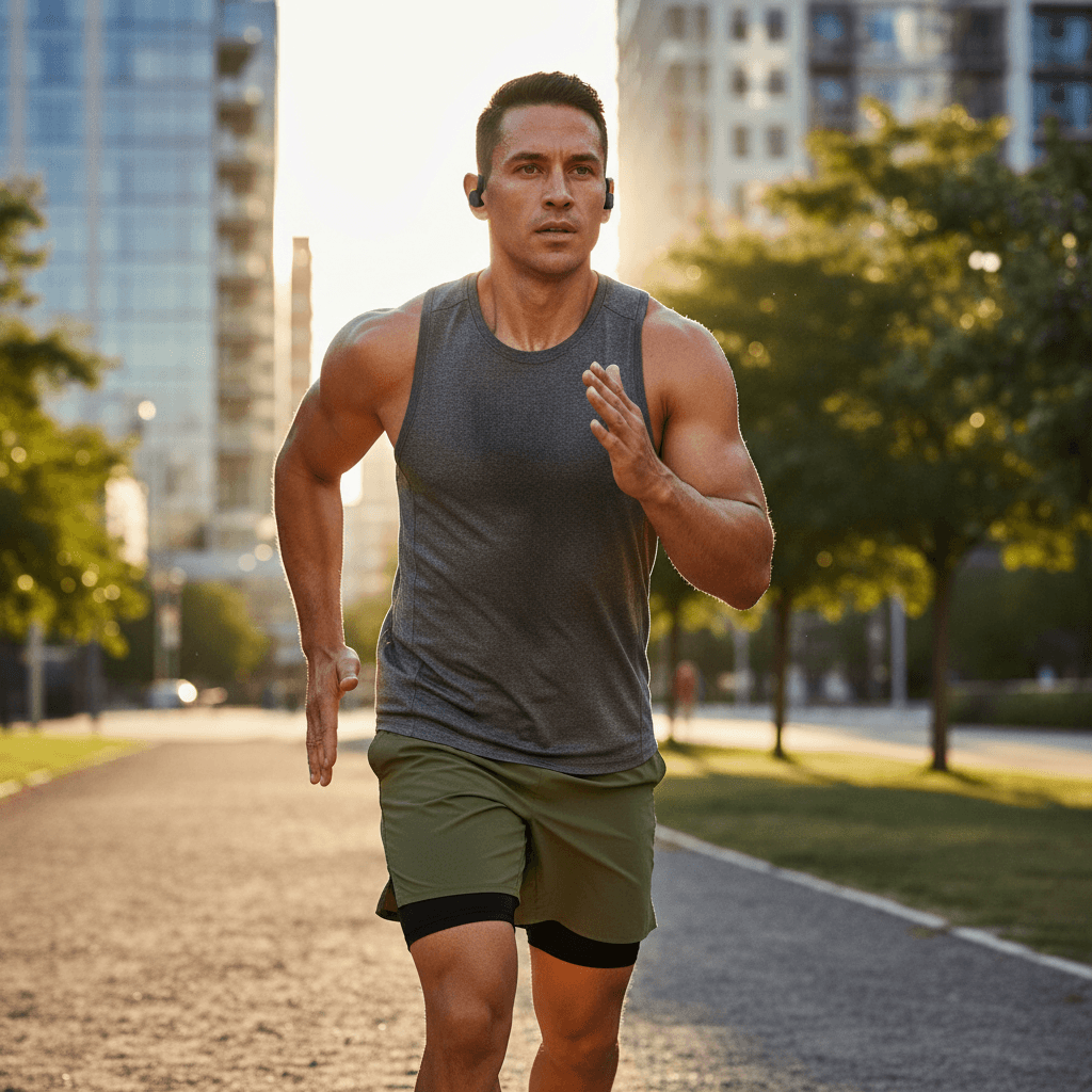 Person running with Powerbeats Fit earbuds