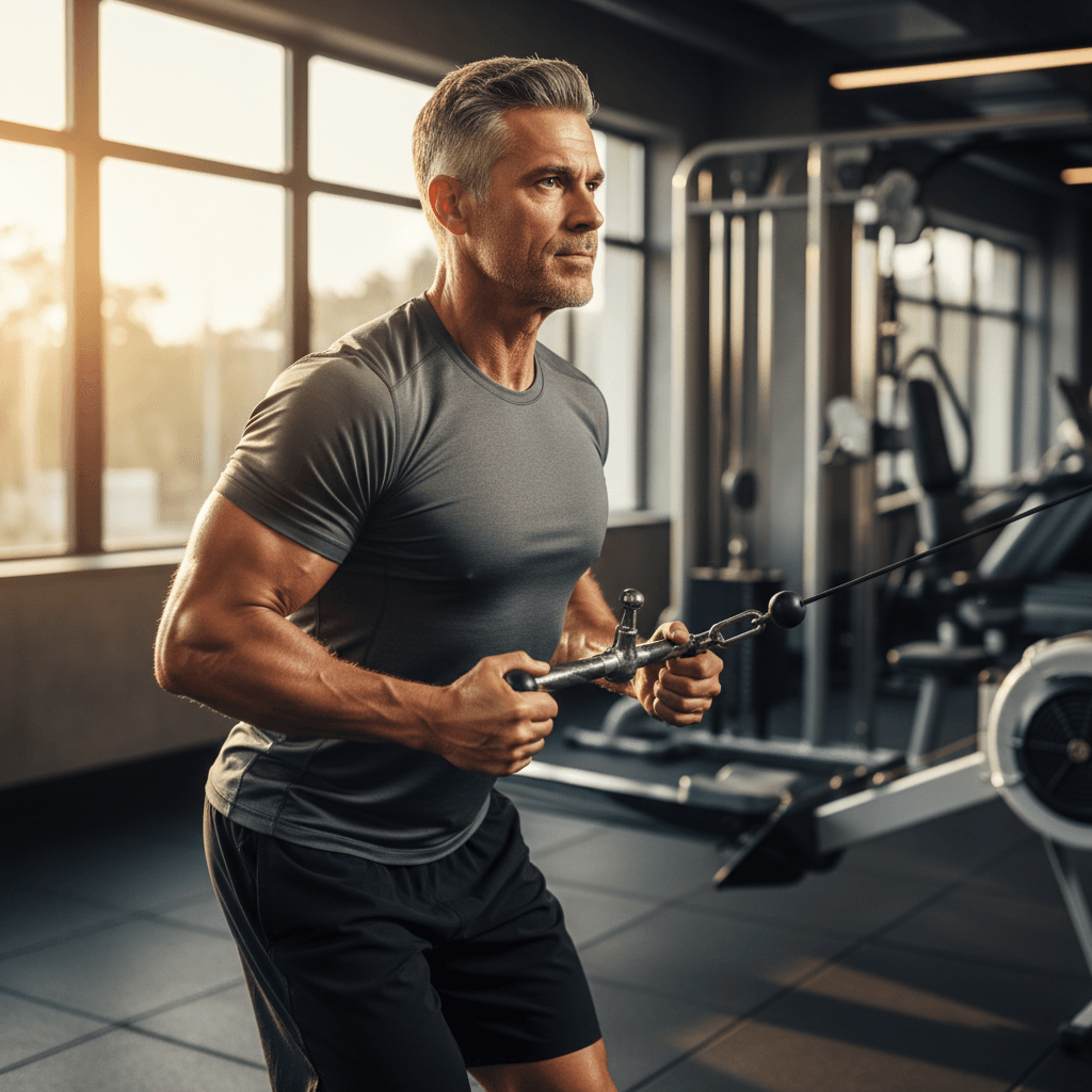 Athletic man aged 50 performing a cable rowing movement, strong arms and engaged posterior chain, warm natural light, shallow depth of field, subtle motion blur, no text