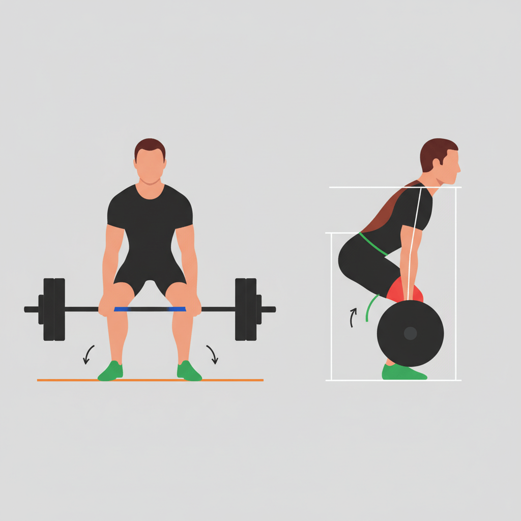 Clean vector illustration showing correct sumo deadlift stance with front and side panels highlighting foot placement, hand grip, hip and shoulder angles, bar path, lats engagement, and glute hamstring drive.