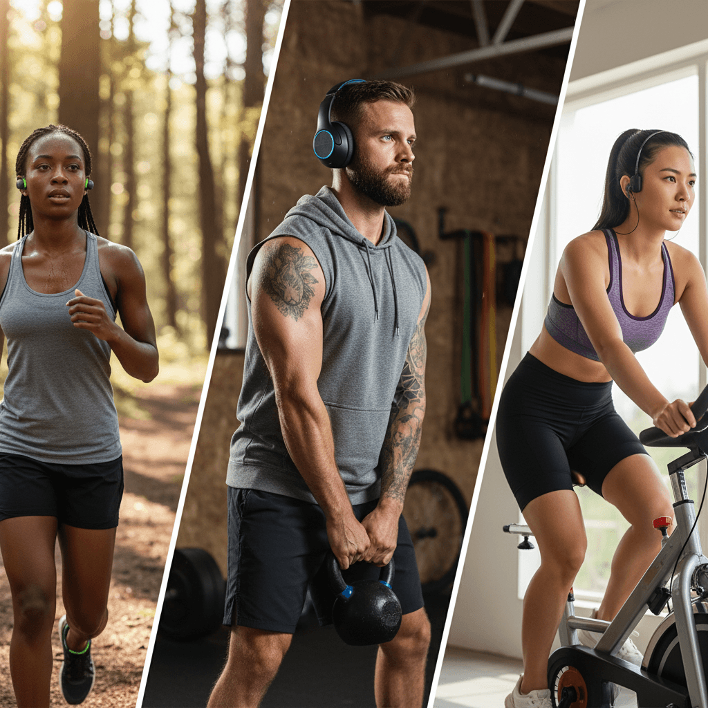 Athletes wearing workout headphones during training