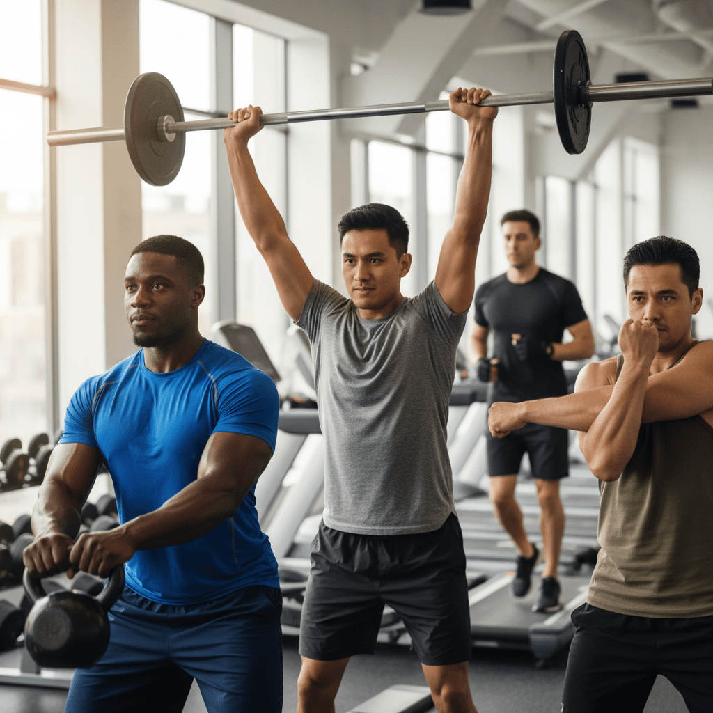 Group of men wearing varied workout shirts in a gym