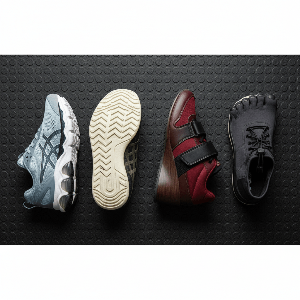 Top-down view of four types of gym sneakers on a gym mat