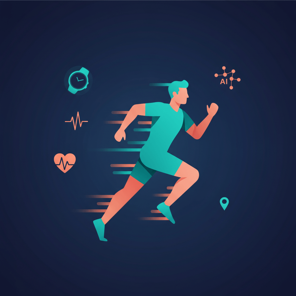 Dynamic runner with floating digital fitness icons representing wearable fitness devices, heart rate, and AI elements