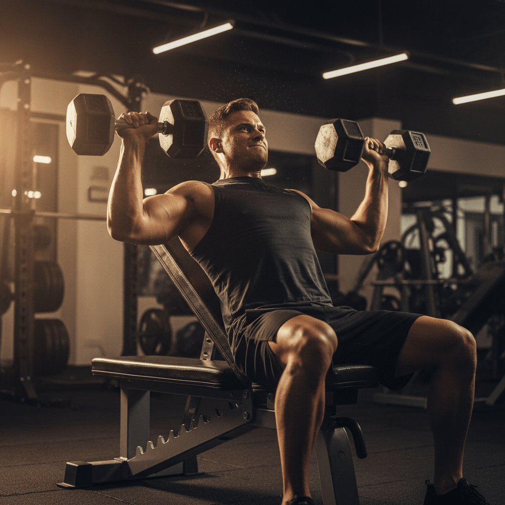 Athlete performing a dumbbell chest press on an adjustable bench, dramatic warm lighting, sweat droplets and motion blur convey intensity