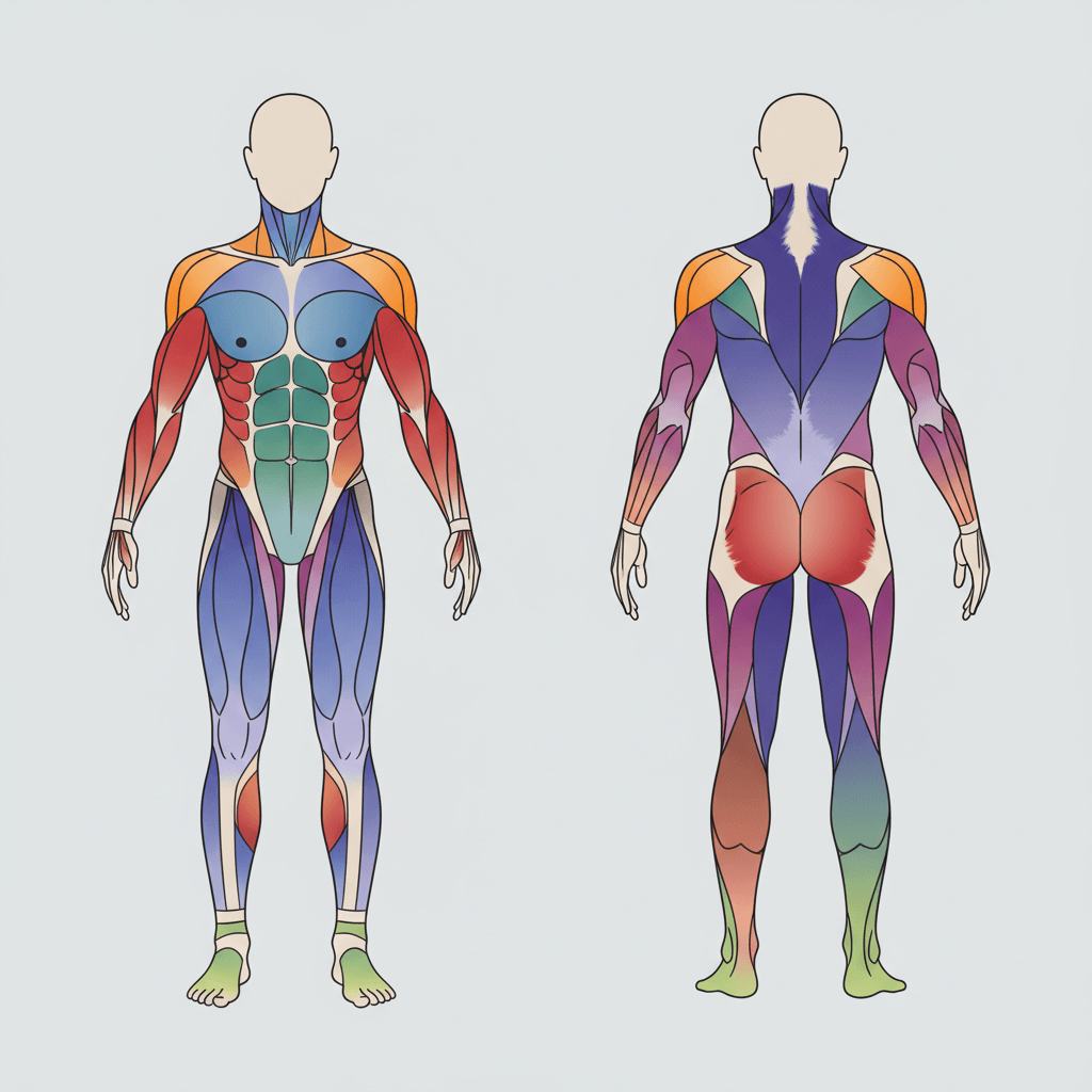 Anatomical muscle map highlighting chest, shoulders, upper back, lats, biceps, triceps, forearms, quads, hamstrings, glutes, calves, and core