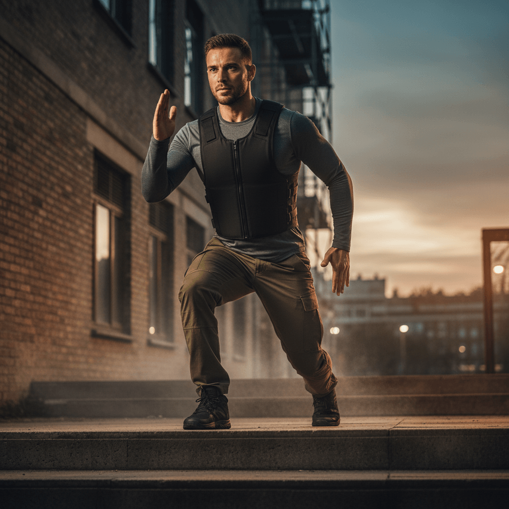 Athlete wearing a low profile weighted vest during urban tactical training