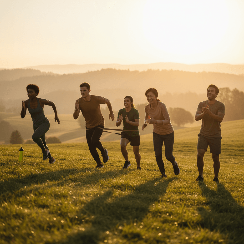 Team-based fitness group training in action