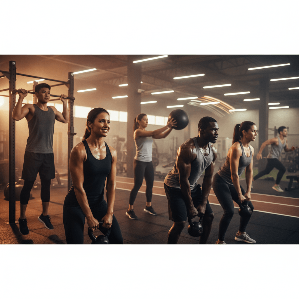 A diverse group of athletes training together in a gym