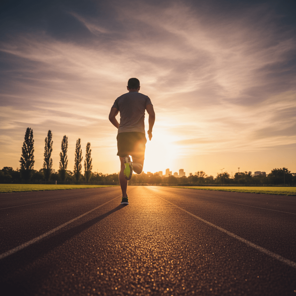 Runner at sunrise on a track evoking intensity and transformation