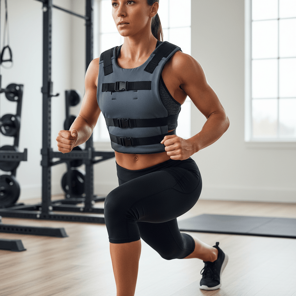 Athlete performing a lunge in a gym while wearing a low-profile weighted vest